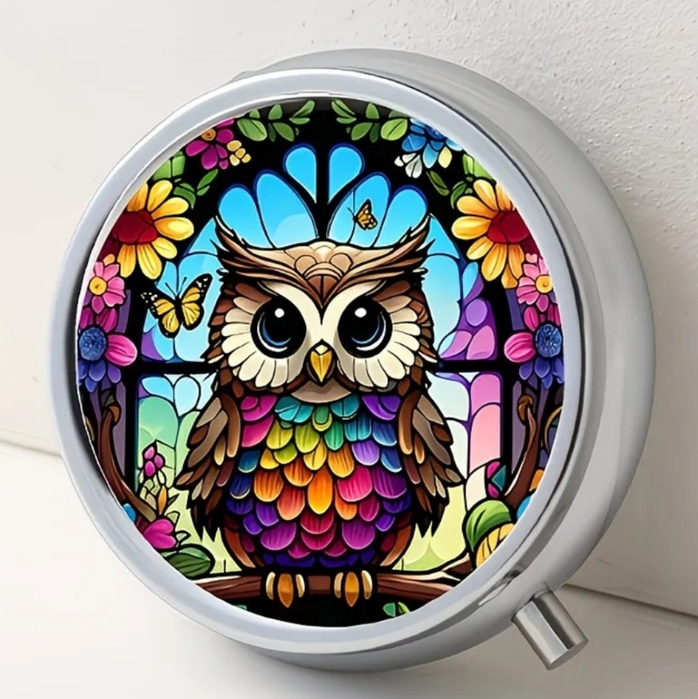 🆕️💊 🦉 OWL PORTABLE METAL PILL BOX ORGANIZER WITH MIRROR🦉💊